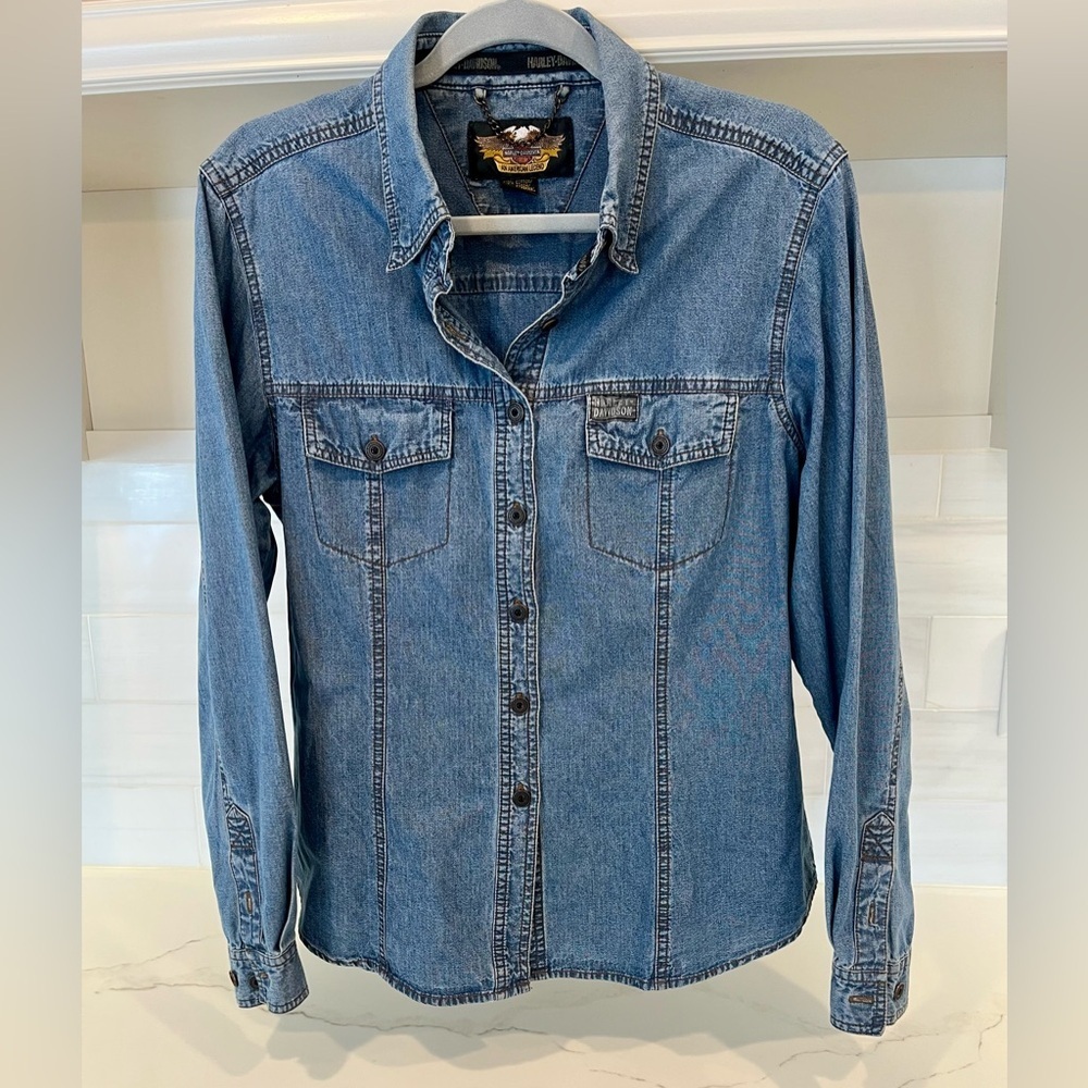 Harley Davidson Vintage Long Sleeve Denim Button Down Shirt